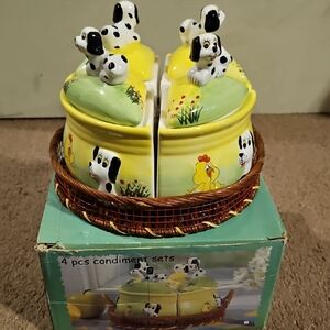 Yellow and Green Porcelain Dog Condiment Set With Basket